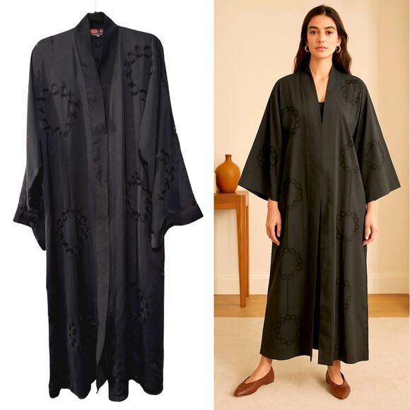 Vintage Other - Vintage 70s Abaya Kimono Robe O/S Embroidered Longline Duster Jacket Black